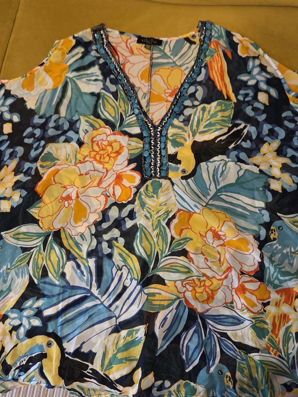 Melissa Paige Yellow & Blue Floral Beaded V-Neck Dress Top Work Resort Wear